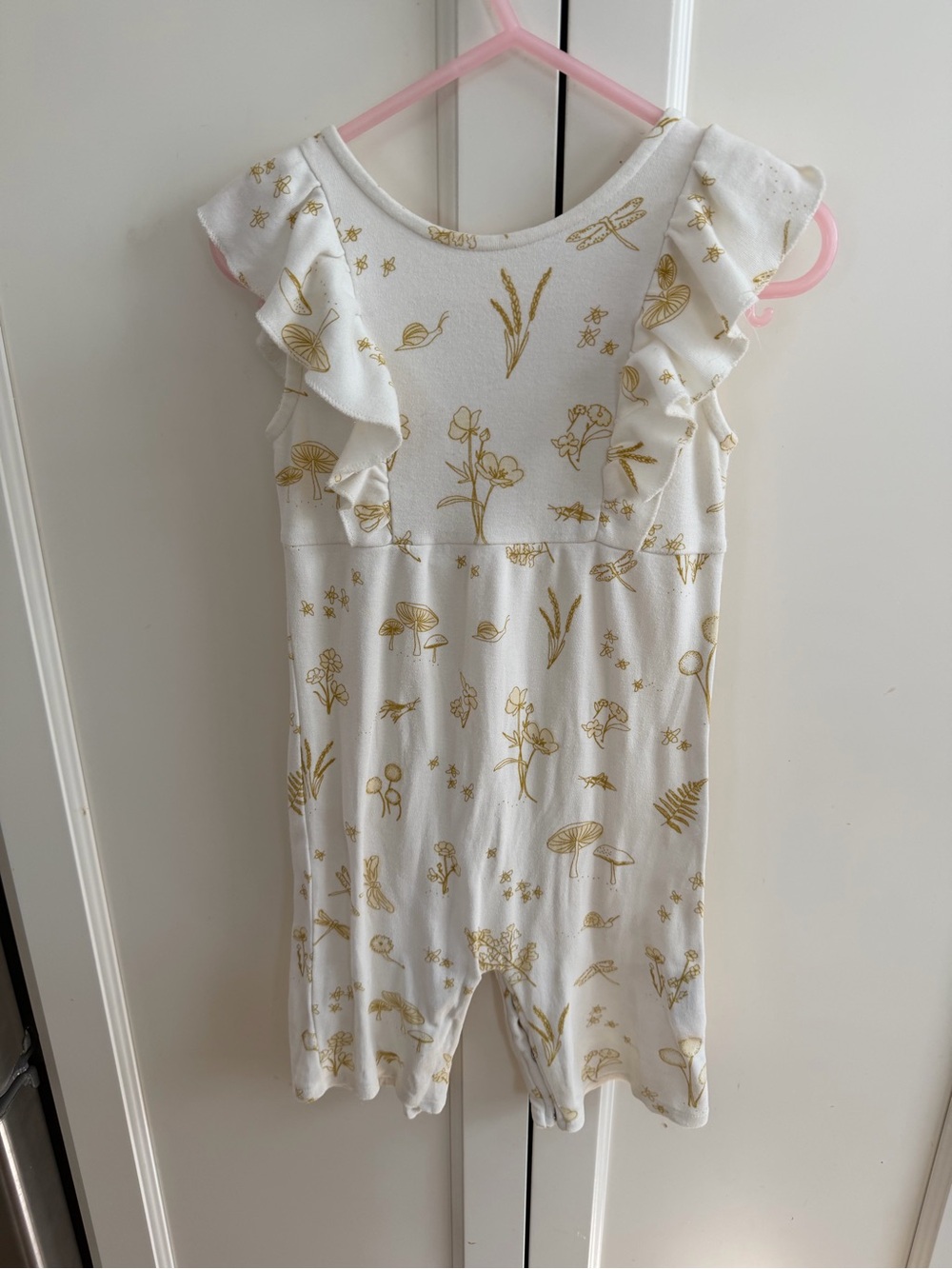 Pehr 12-18m Baby Romper with Gold Floral mushroom Print and Ruffle Shoulders